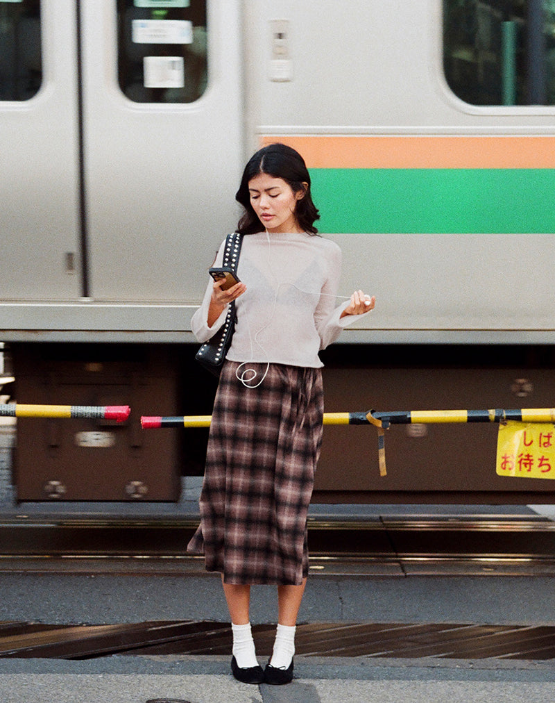 Taka Midi Skirt in Pink and Brown Check