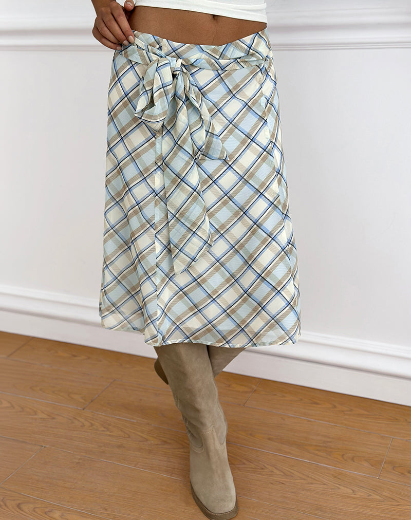 Kamili Midi Skirt in Chiffon Vintage Blue Check