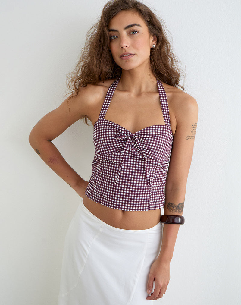 Kampi Halterneck Top in Mini Gingham Wine