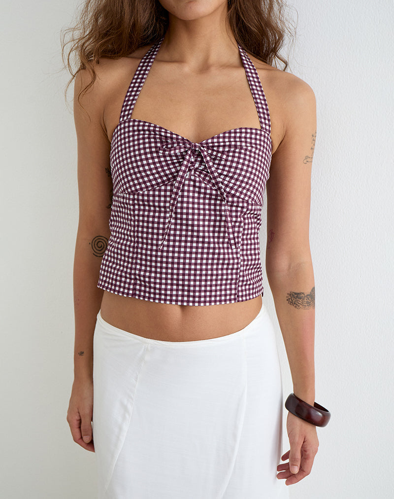 Image of Kampi Halterneck Top in Mini Gingham Wine