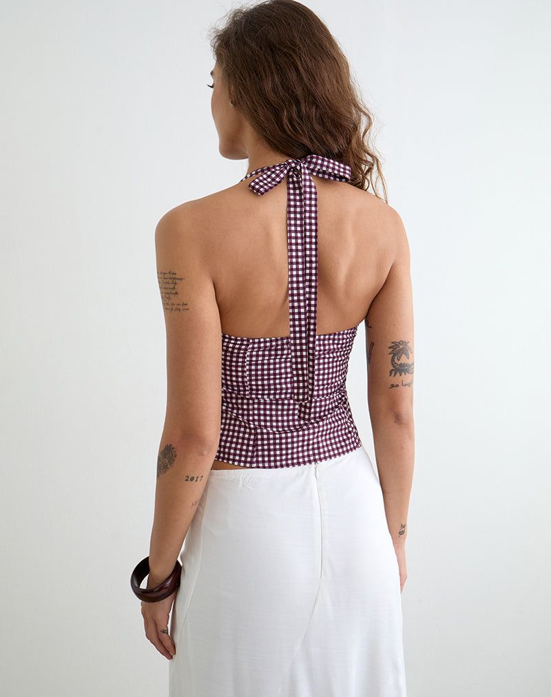 Image of Kampi Halterneck Top in Mini Gingham Wine