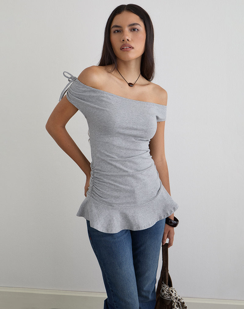 Image of Kanao Bardot Frill Top in Grey Marl