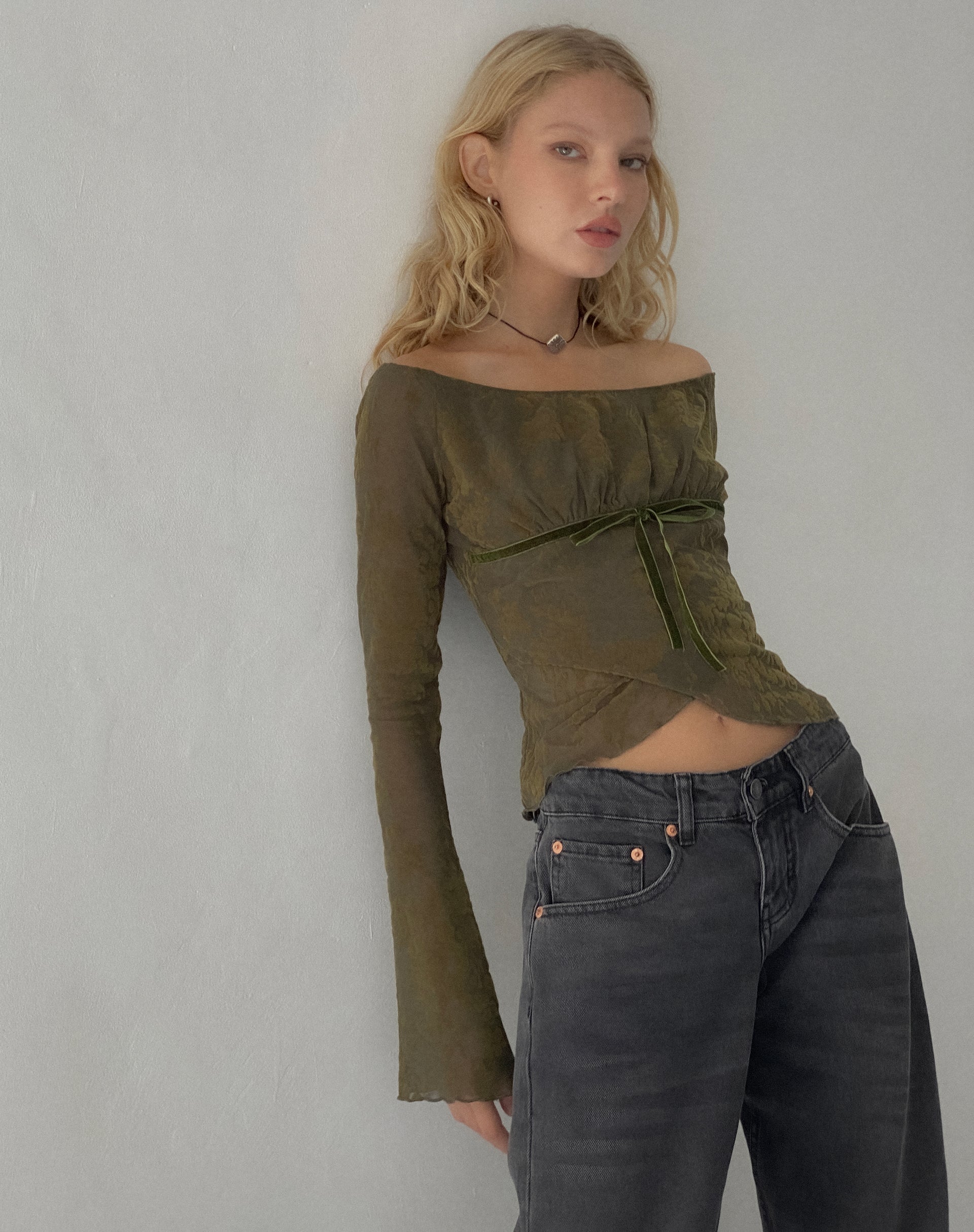 Image of Kareena Long Sleeve Bardot Top in Abstract Botanic Dark Olive