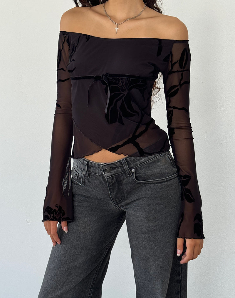 Image of Kareena Long Sleeve Bardot Top in Orchid Flock Black
