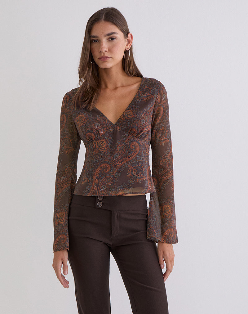 Karilo Long Sleeve Top in Chiffon Royal Paisley Burgundy