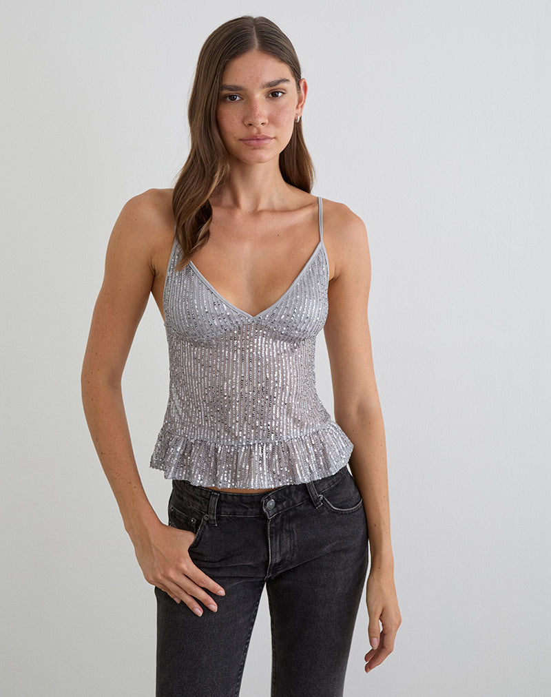 Karka Cami Top in Drape Sequin Grey
