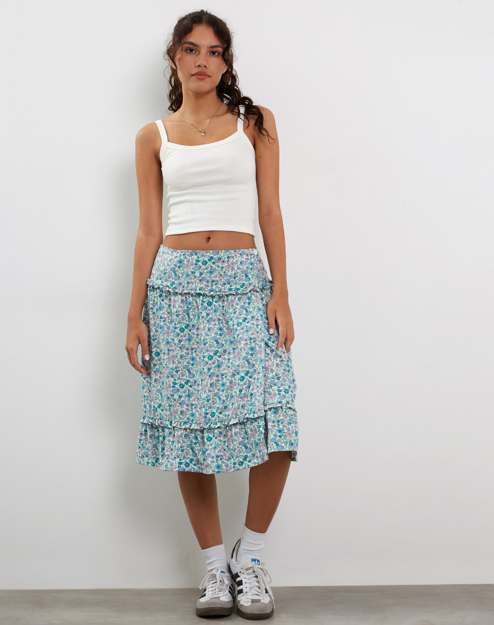 Image of Kasya Frill Hem Midi Wrap Skirt in Flower Power Blue