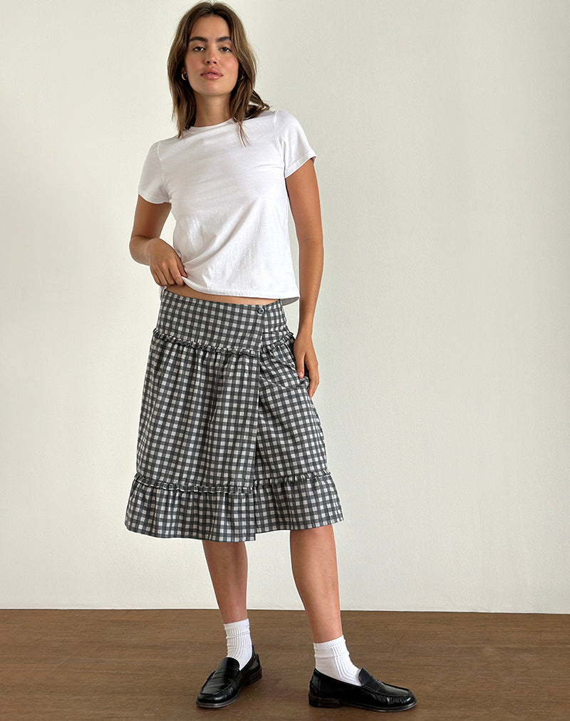 Image of Kasya Midi Skirt in Tonal Gingham Black and Grey