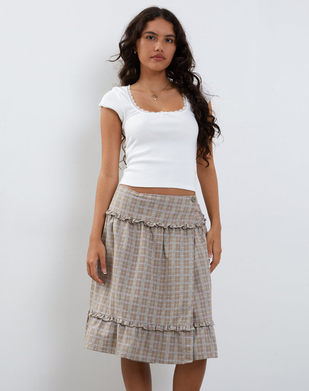 Kasya Frill Hem Wrap Midi Skirt in Taupe Check