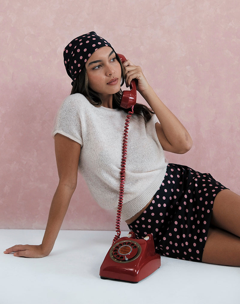 Kavra Scarf in Black Satin Scattered with Pink Polka