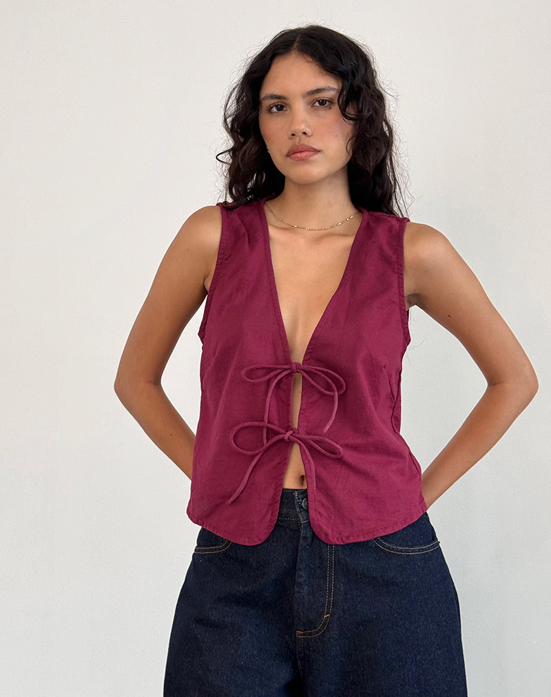 Image of Kayve Tie Front Top in Burgundy