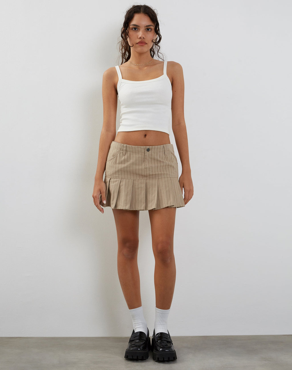 Keripa Low Rise Pleated Mini Skirt in Stone Pinstripe