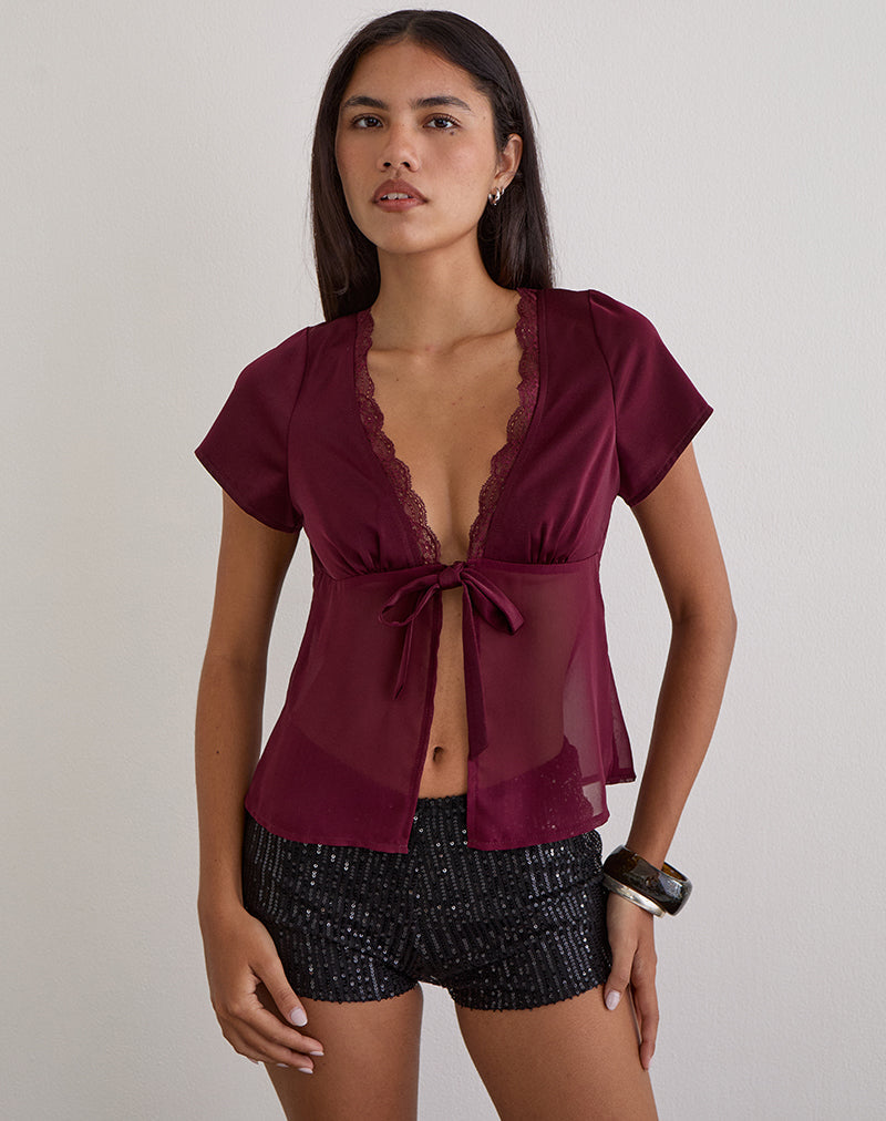 Image of Kilu Top in Satin Chiffon Burgundy