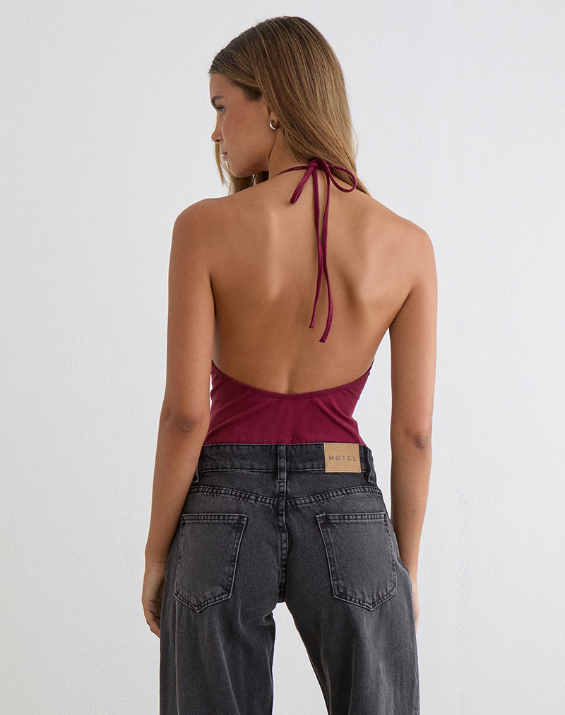 Image of Kitty Deep Plunge Bodysuit in Burgundy