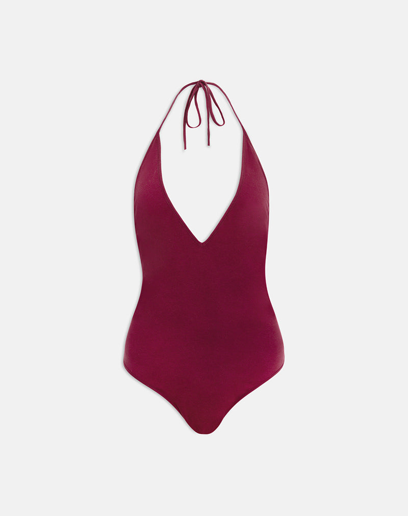 Image of Kitty Deep Plunge Bodysuit in Burgundy