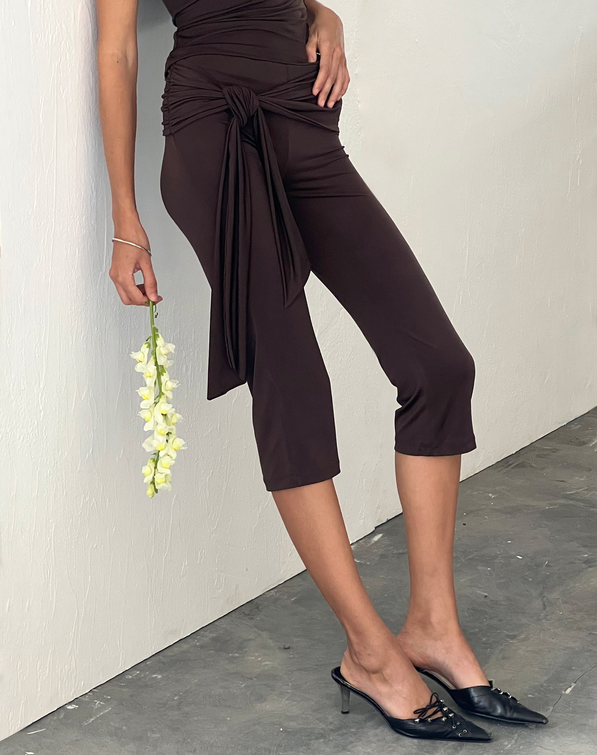 Image of Effy Capri Trousers with Wrap Waistband in Mocca