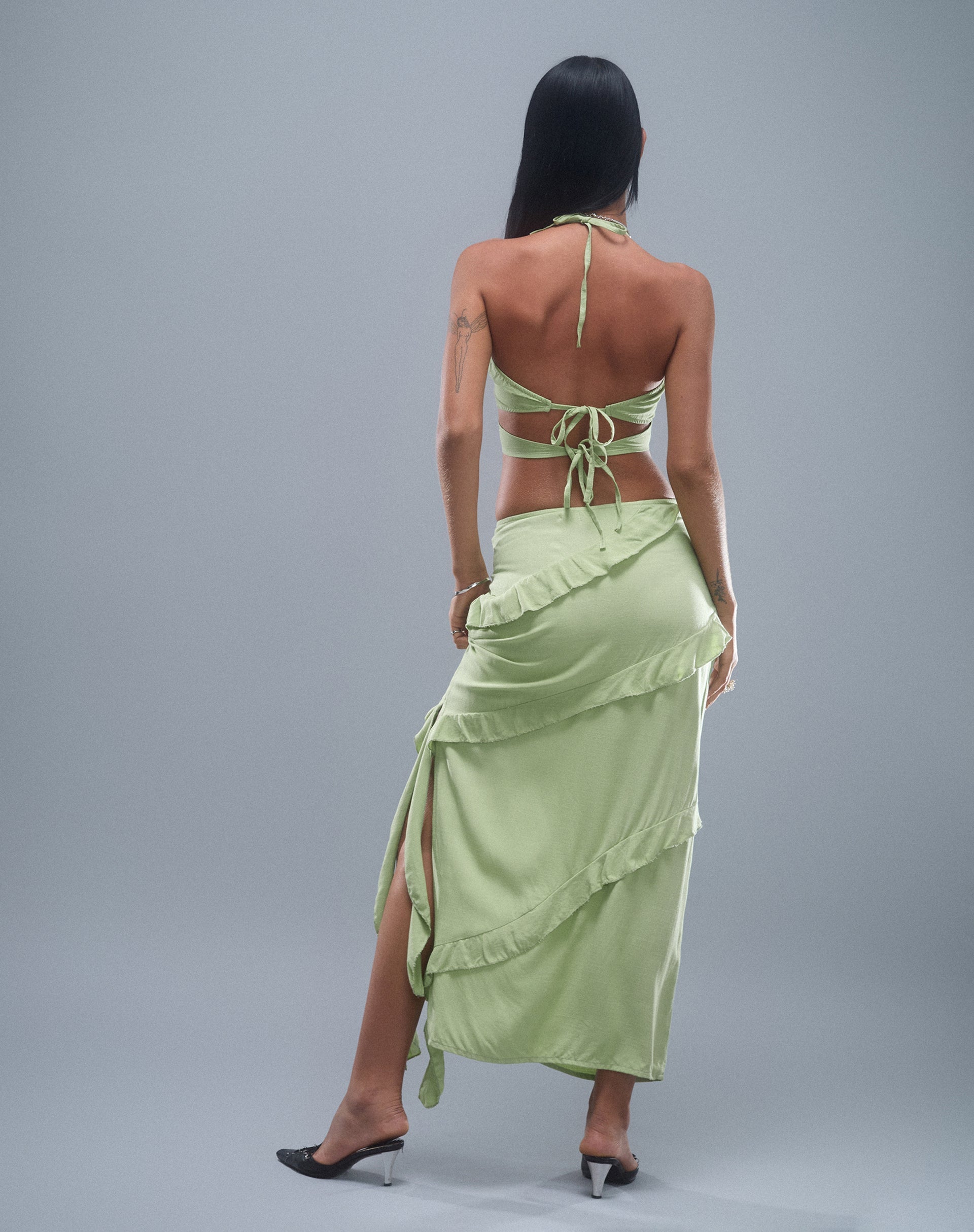 Image of Varena Low Rise Ruffle Maxi Skirt in Mint Sage