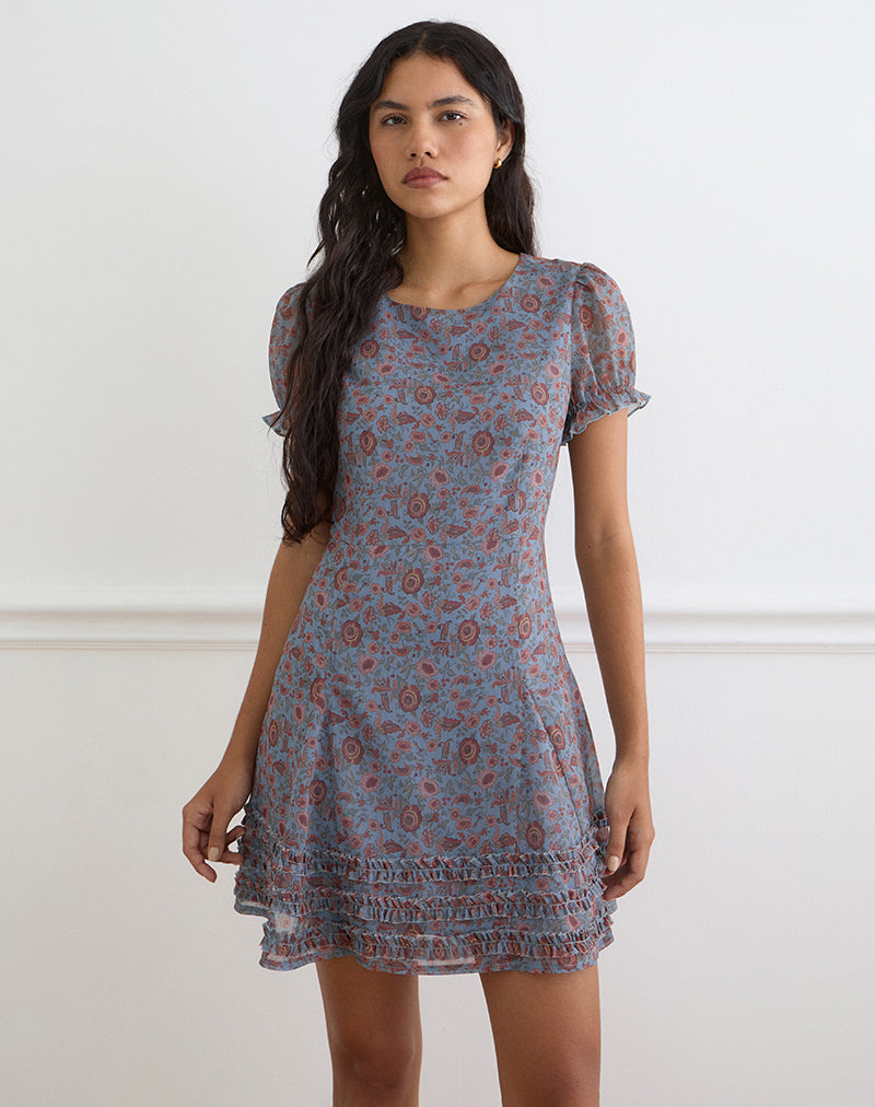 Image of Koharu Mini Dress in Shadow Blossom Blue Chiffon