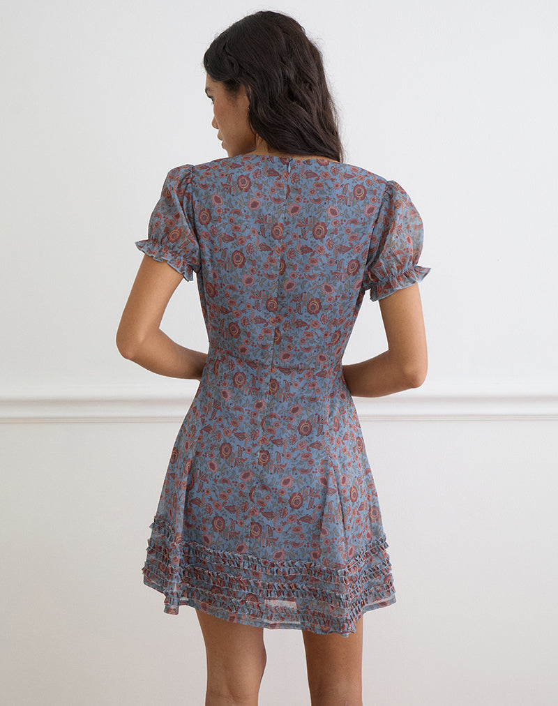 Image of Koharu Mini Dress in Shadow Blossom Blue Chiffon