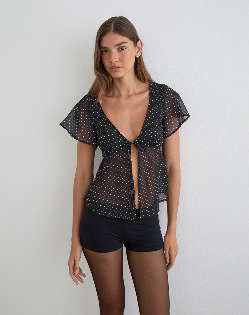 Kota Chiffon Blouse in Black with Micro Polka Print