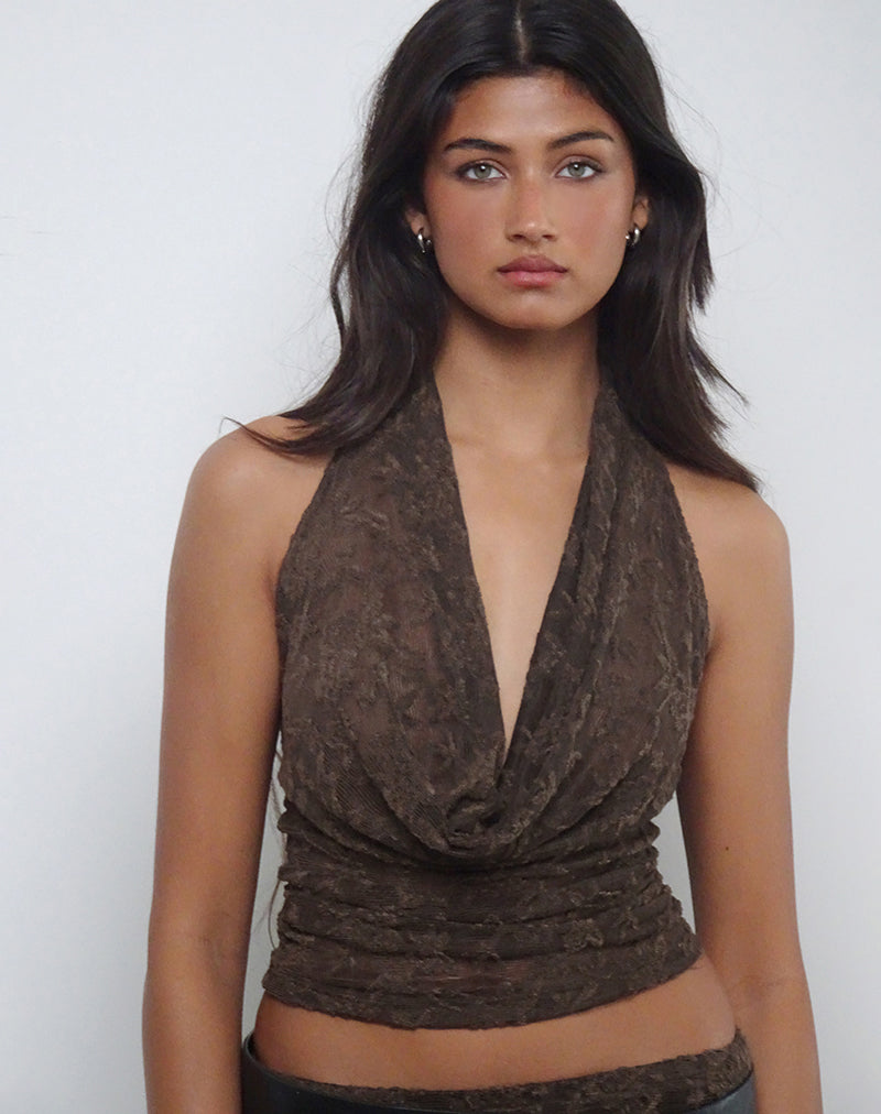 Image of Kylo Halter Top in Jacquard Knit Dark Brown