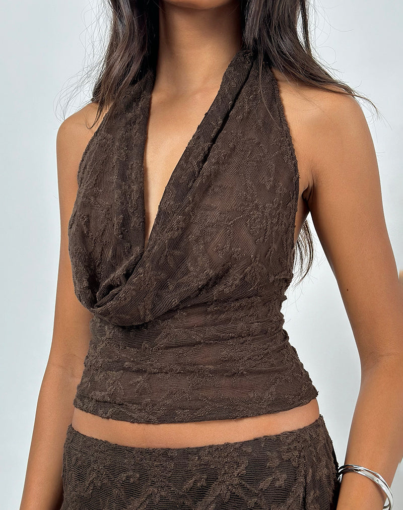 Kylo Halter Top in Jacquard Knit Dark Brown