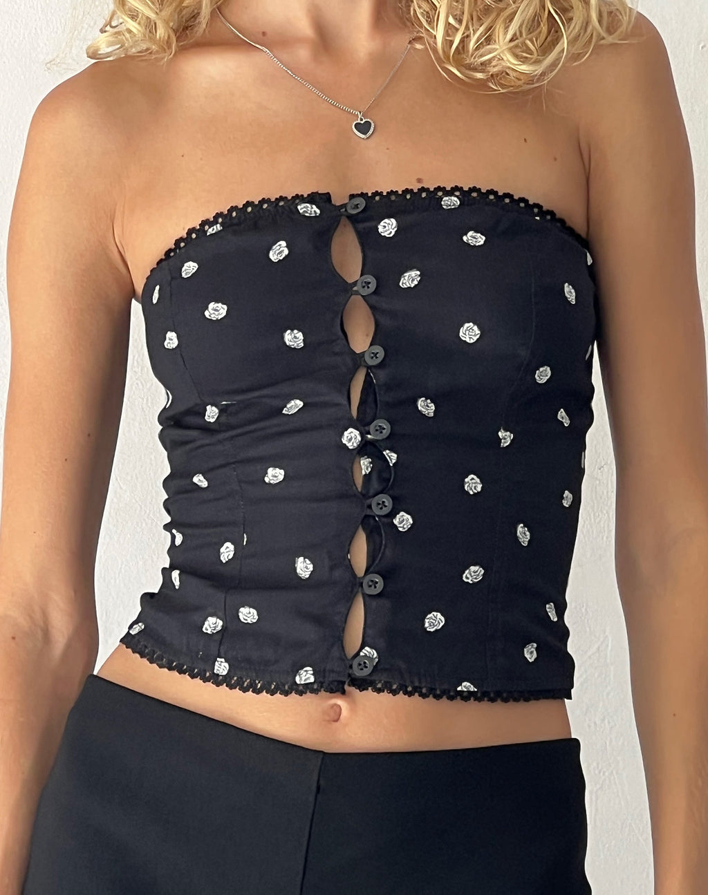 Lacey Button Front Corset Top in Ditsy Rose Black