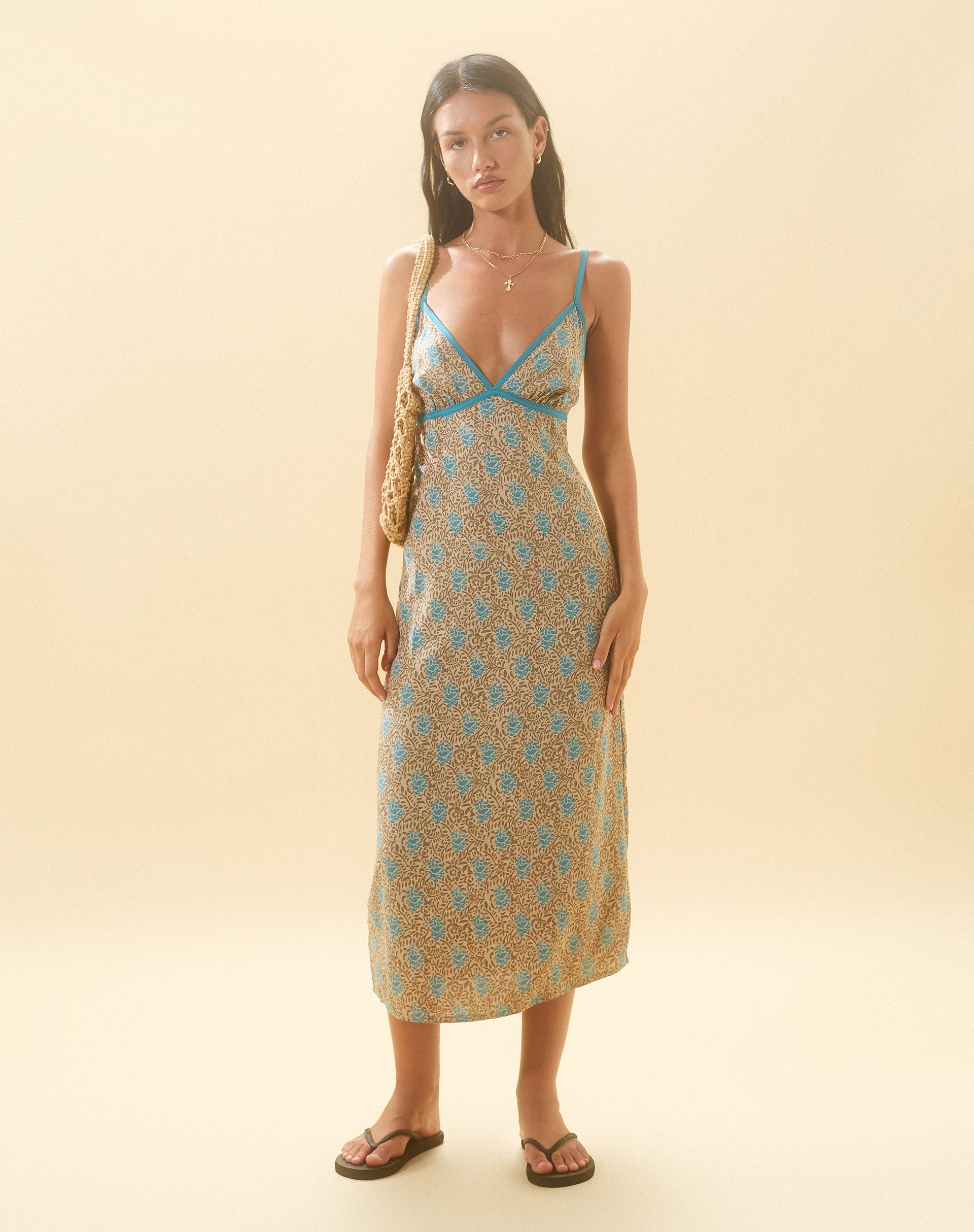 image of Lalu Midi Dress in Bohemian Batik Blue Brown