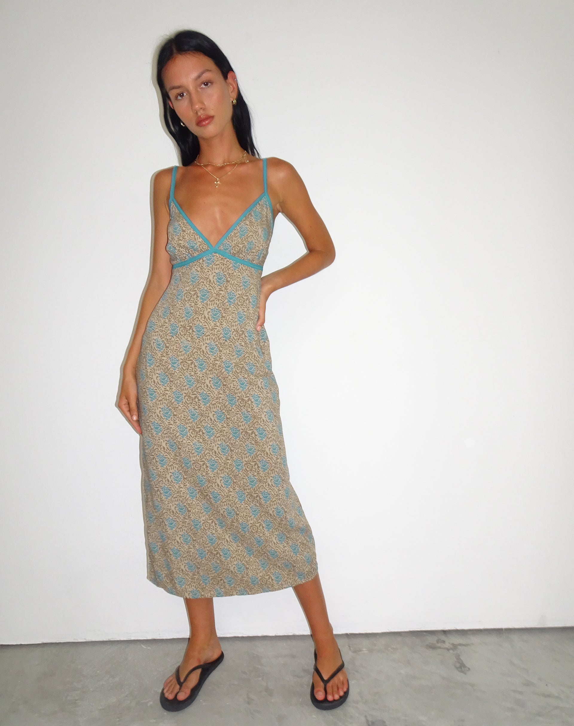 image of Lalu Midi Dress in Bohemian Batik Blue Brown