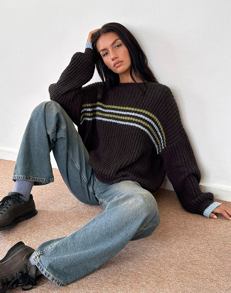 Image of Lamees Jumper in Brown Knit with Stripe