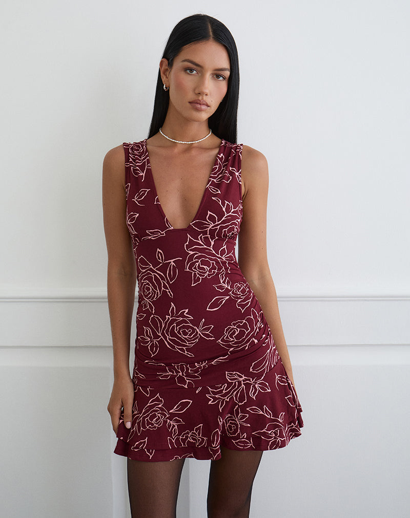 Image of Lanai Mini Dress in Outline Rose Maroon