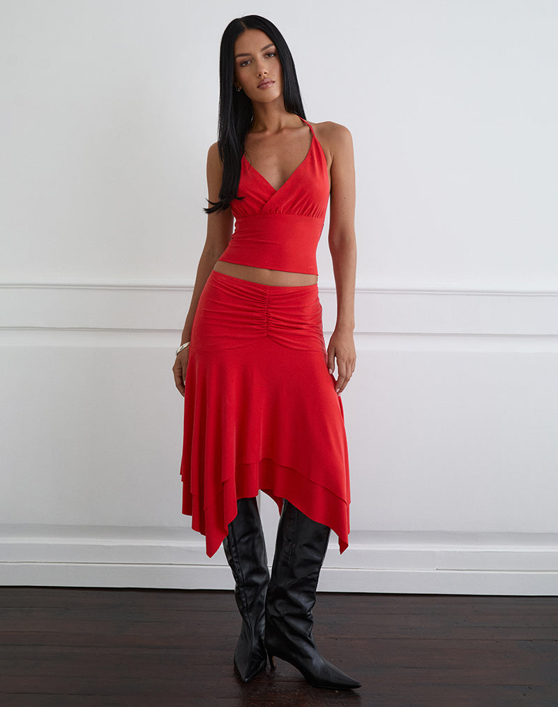 Samaria Gathered Midi Skirt in Cupro Red