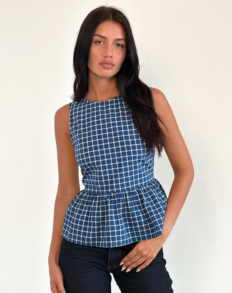 Image of Lanzo Tie Back Top in Poplin Navy Tartan