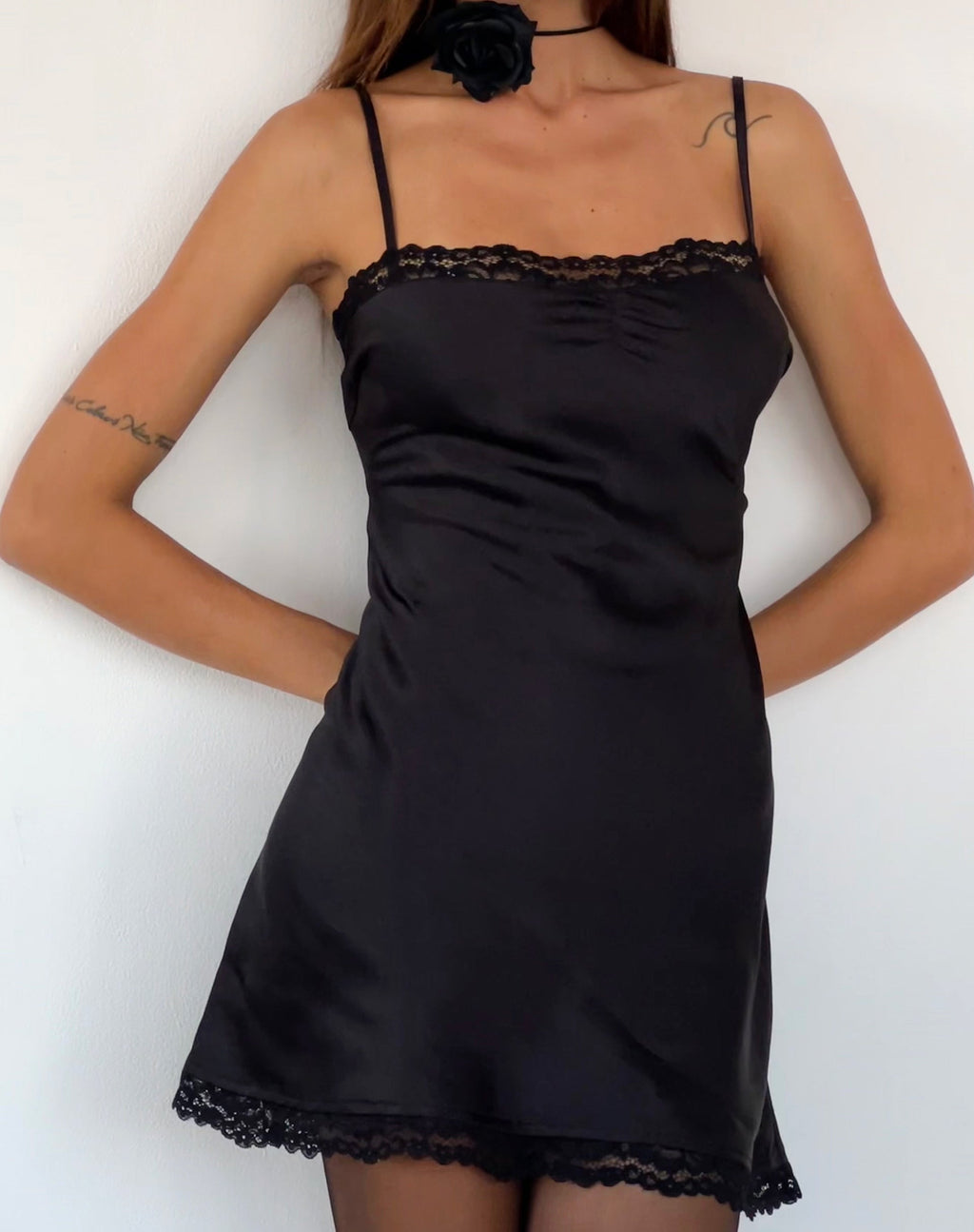Larna Lace Trim Satin Mini Dress in Black