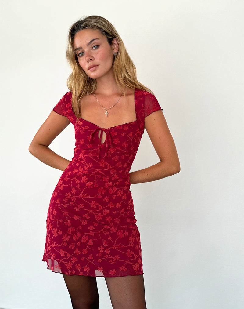 Image of Lashka Mini Dress in Red Grunge Floral Flock