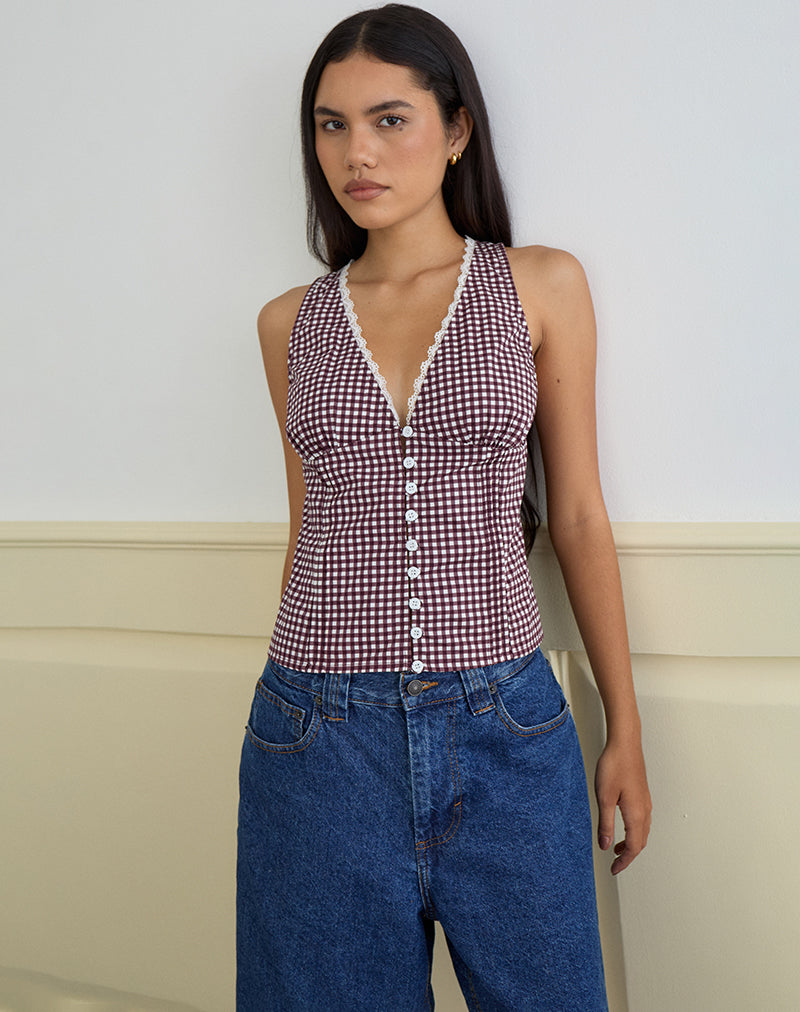 Image of Lasily V Neck Corset Top in Mini Gingham Wine