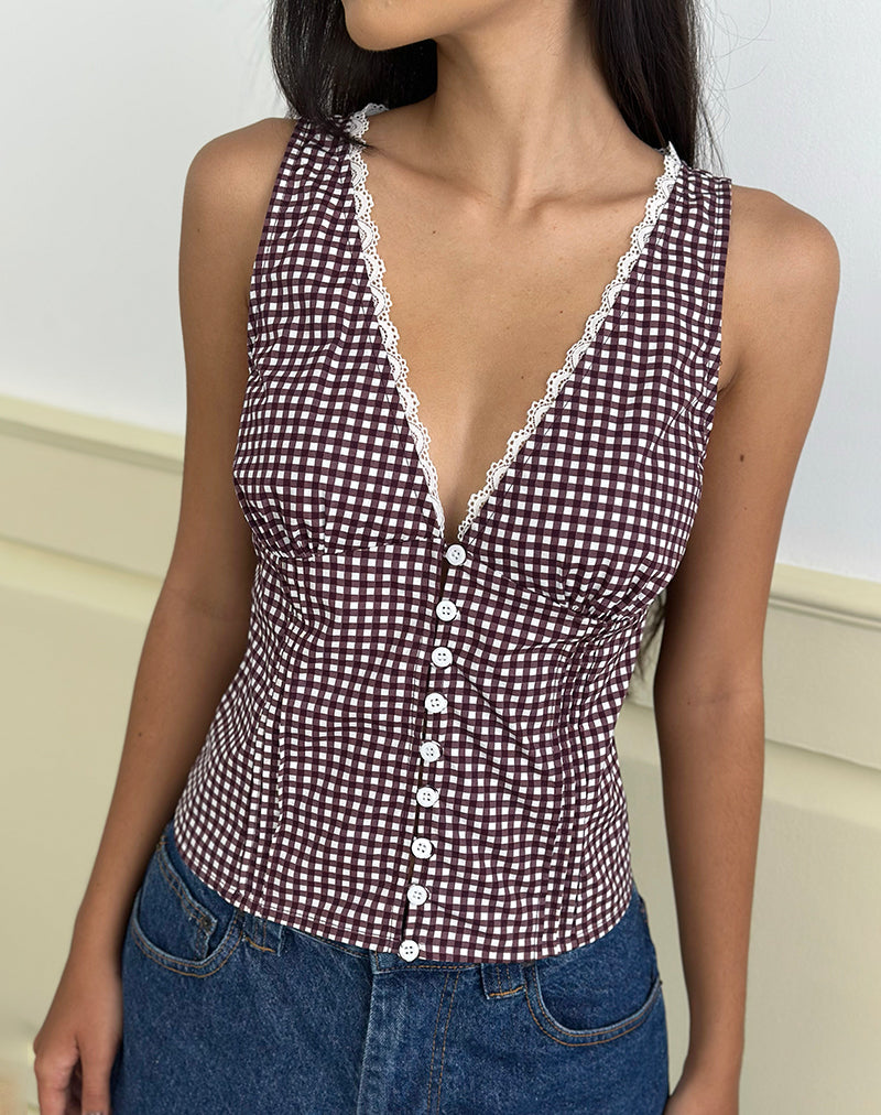 Image of Lasily V Neck Corset Top in Mini Gingham Wine