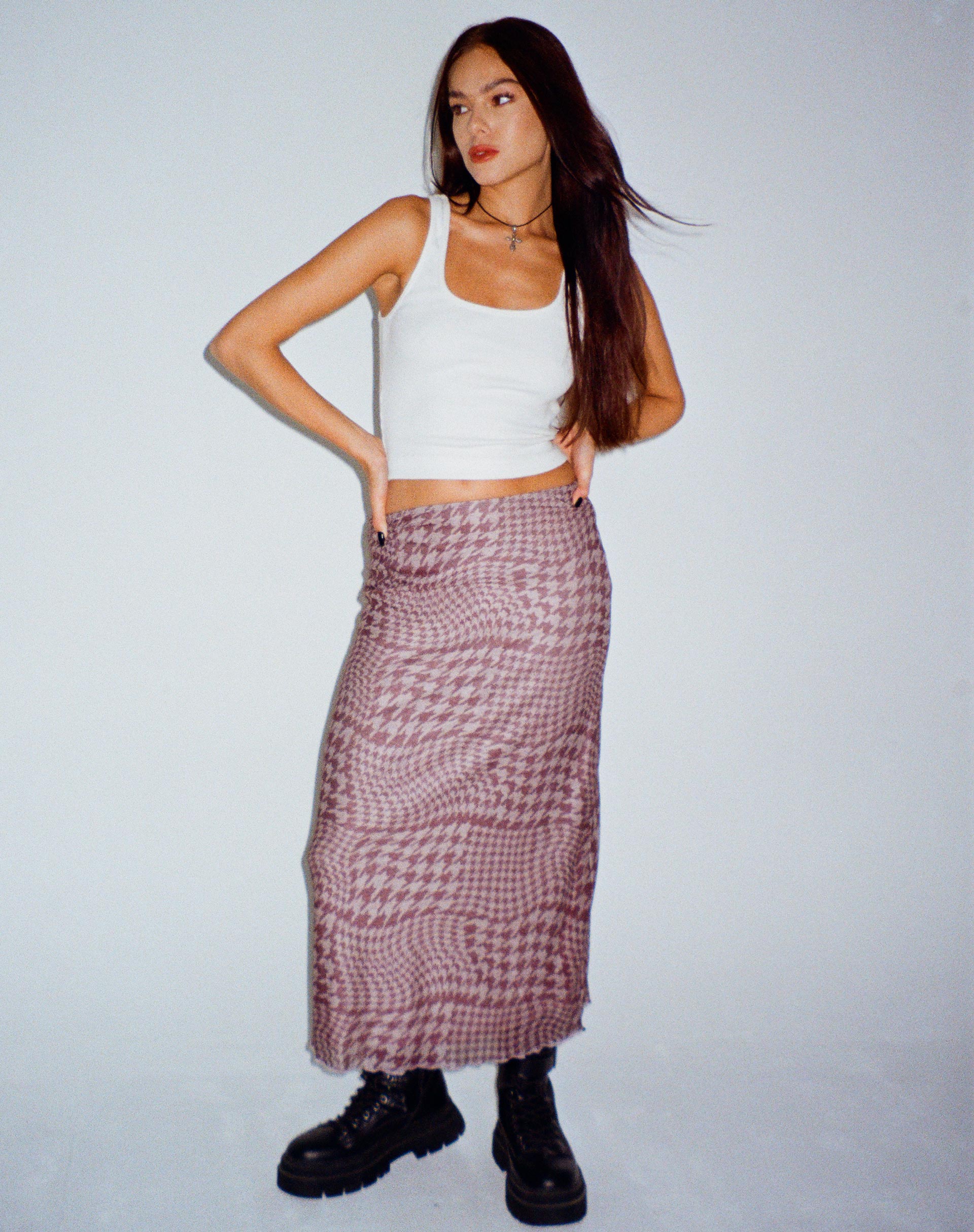 image of Lassie Printed Mesh Maxi Skirt in Warped Houndstooth Brown