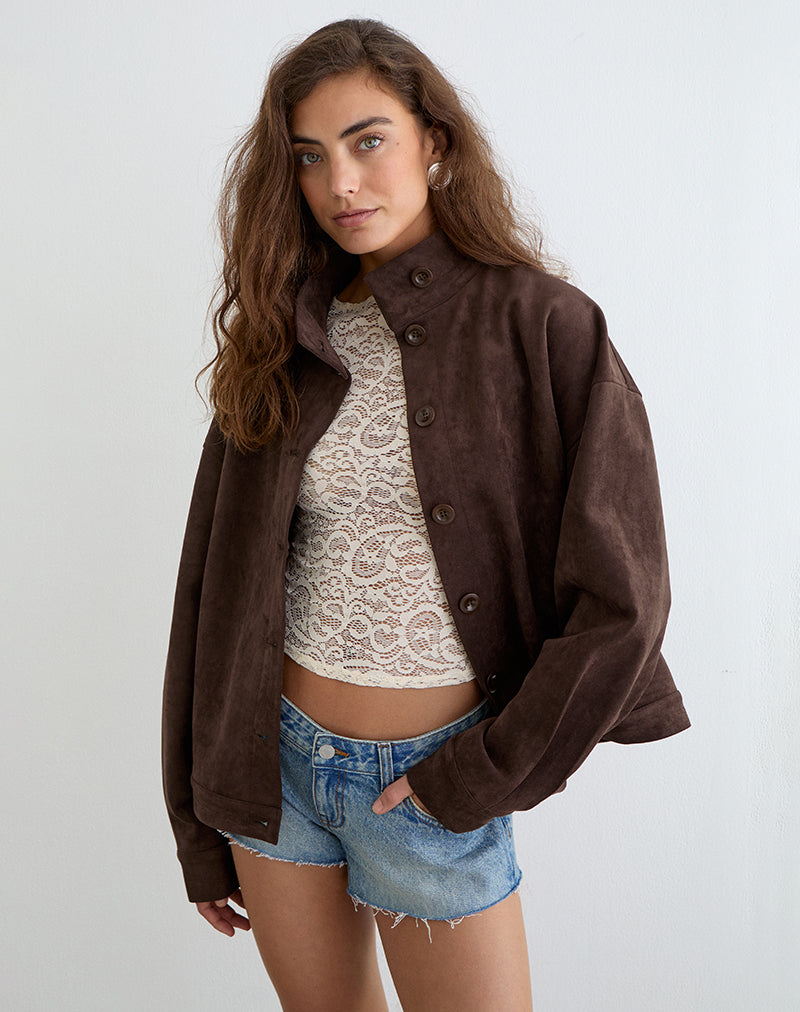 Image of Lastika Jacket in Faux Suede Dark Brown