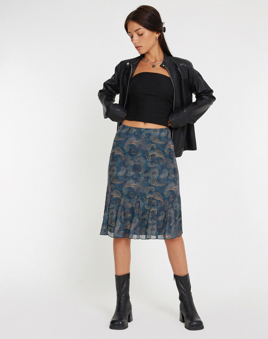 Latrix Mesh Midi Skirt in Tonal Blue Paisley