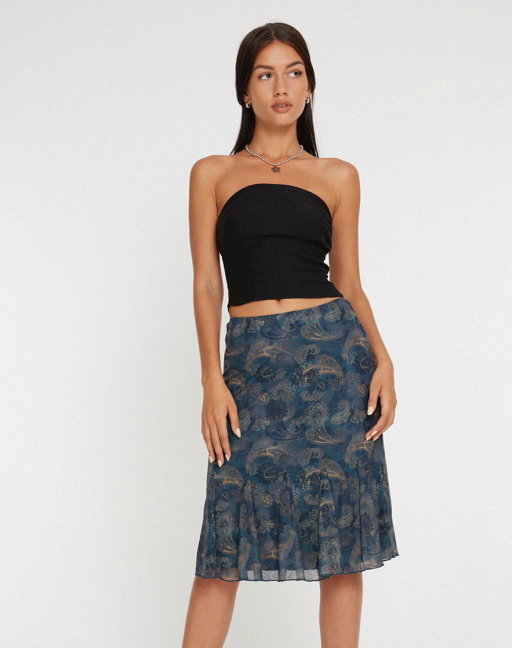 Latrix Mesh Midi Skirt in Tonal Blue Paisley