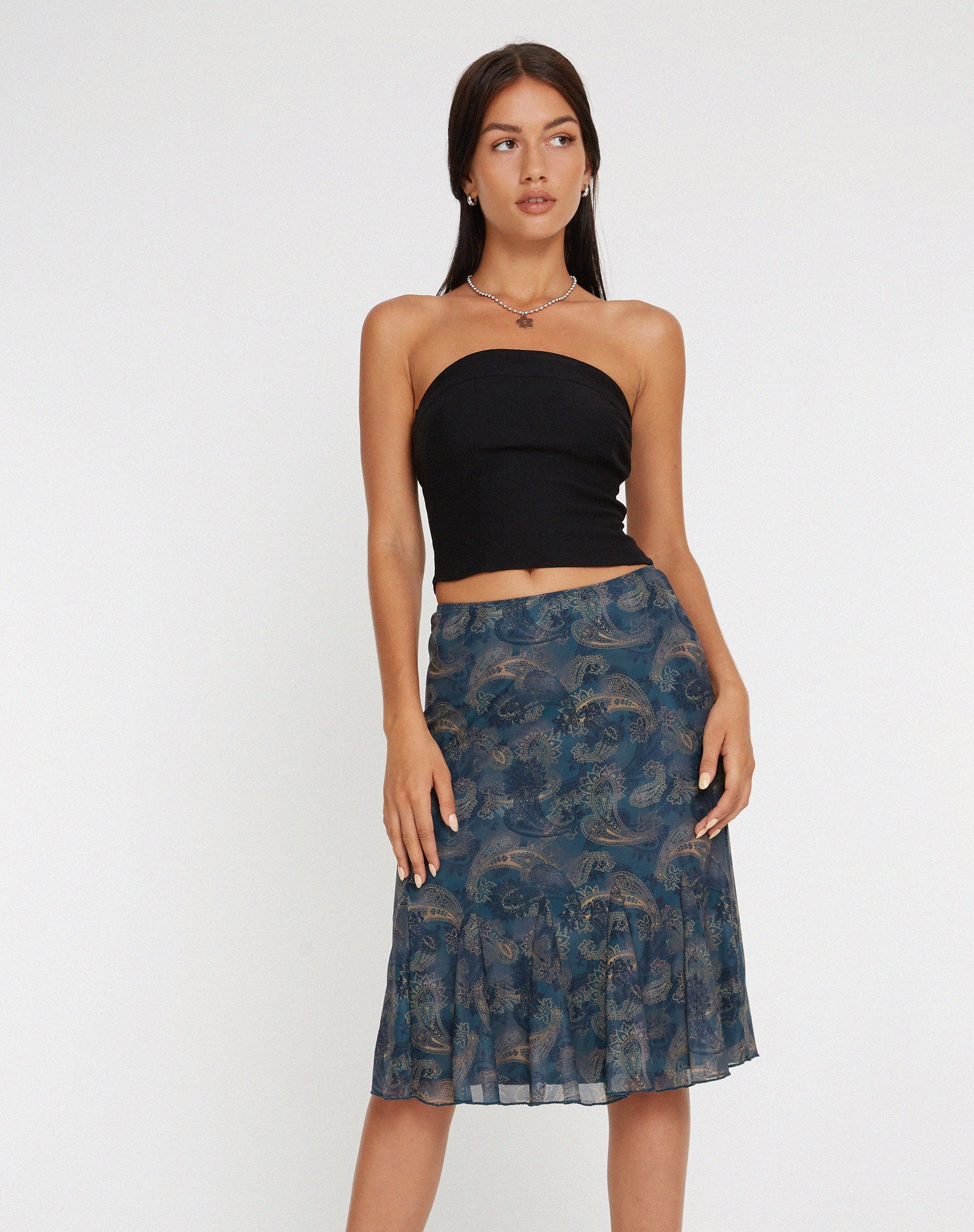 image of Latrix Mesh Midi Skirt in Tonal Blue Paisley