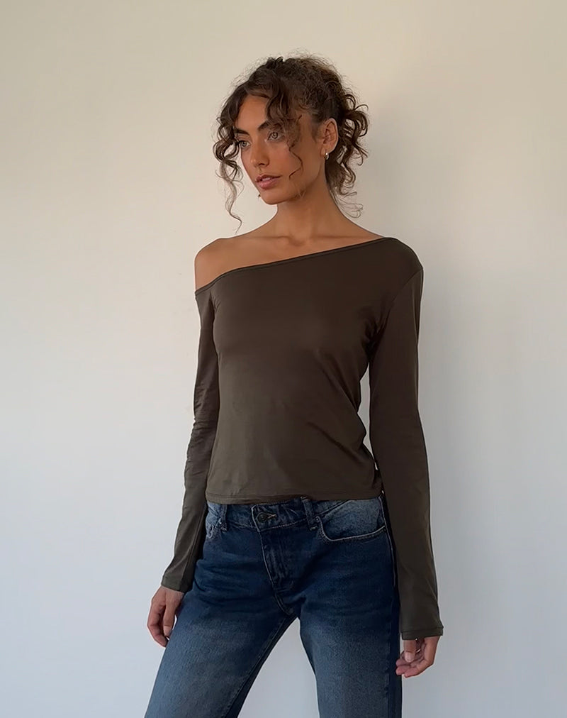 Image of Ledez Asymmetrical Slouchy Top in Olive Tissue Jersey
