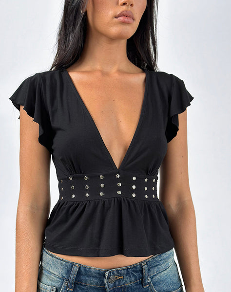 Black Jersey Frill Top with Studs | Leisma – motelrocks-com-aus
