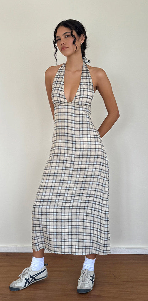 Image of Lenata Halterneck Midi Dress in Pastel Blue Tartan