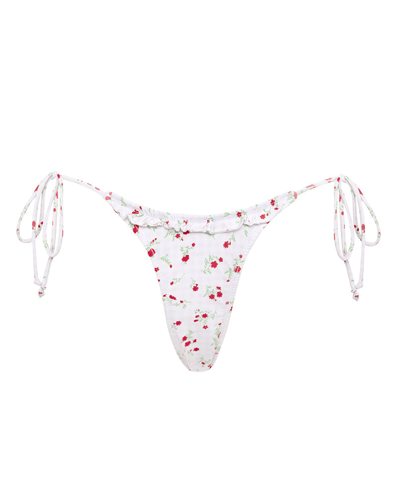 Image of Lentra Bikini Bottom in Red Floral Beige Gingham with Ruffle