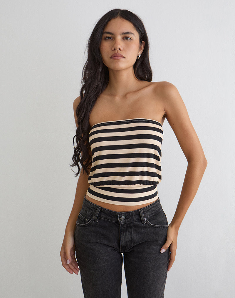Image of Leocadia Bandeau Top in Cupro Stripe Black and Ivory