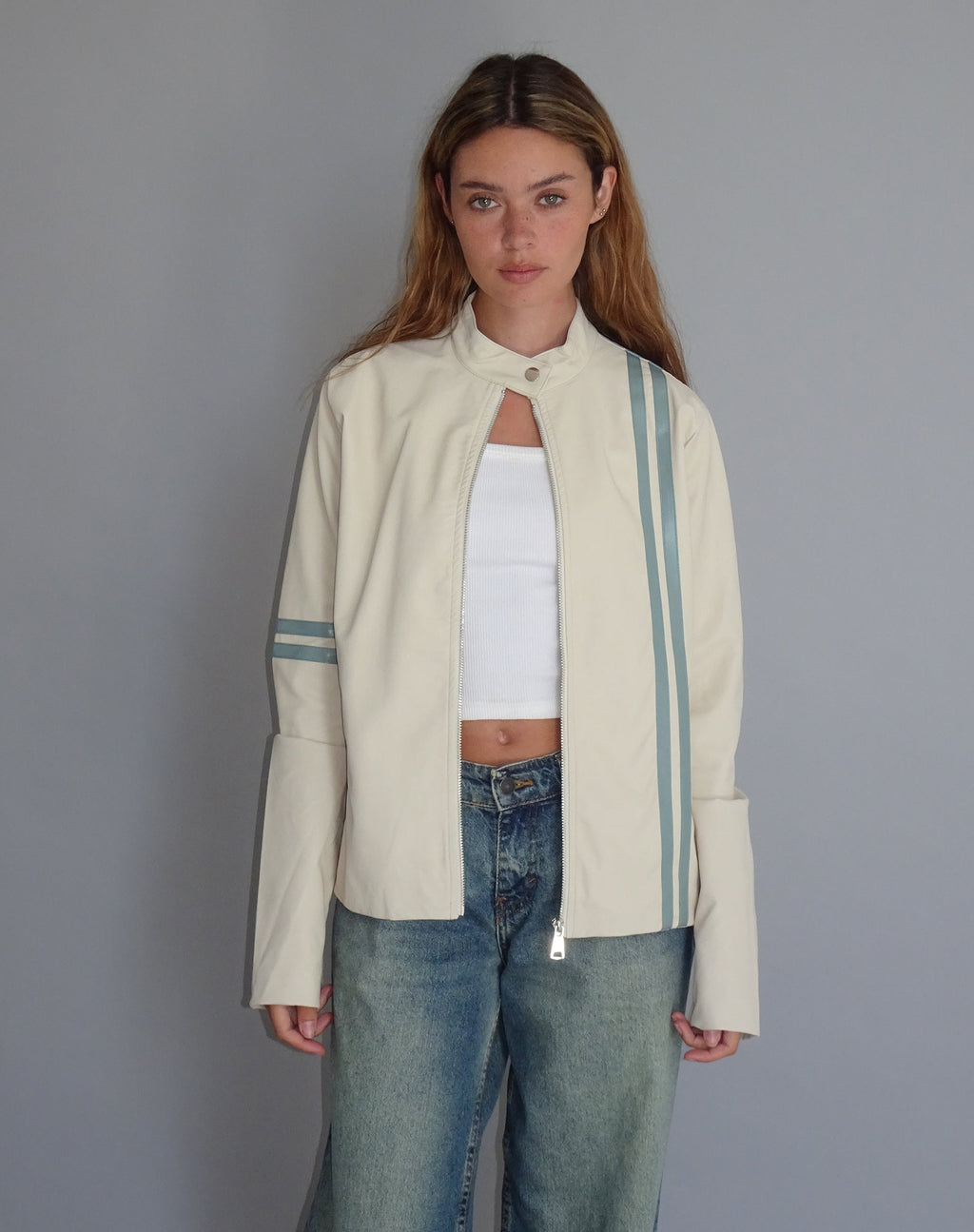 Lewis Jacket in Cream PU with Blue Stripe