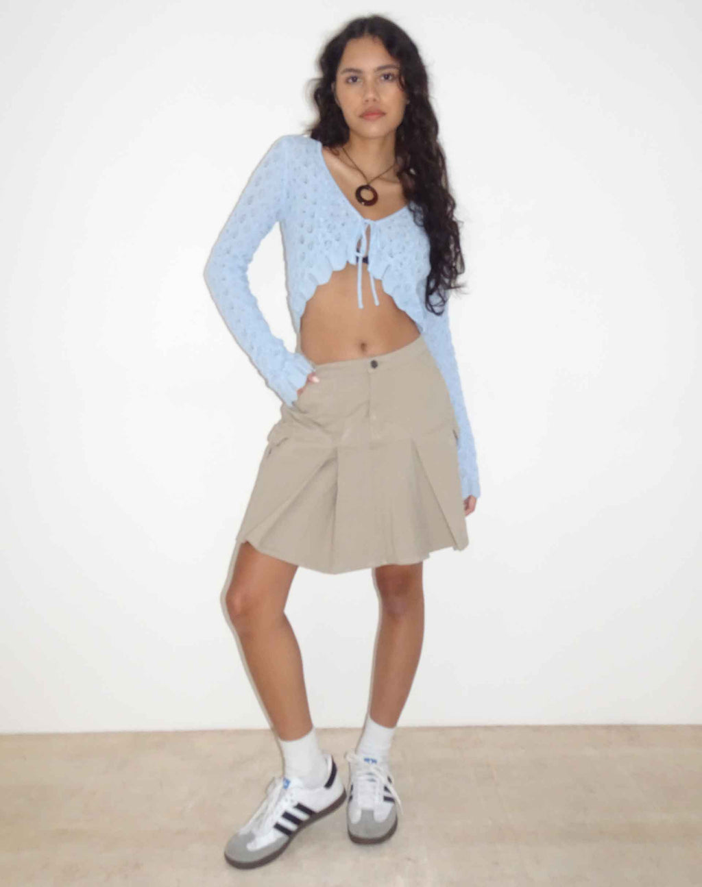 Lexi Pointelle Knit Cropped Cardigan in Baby Blue