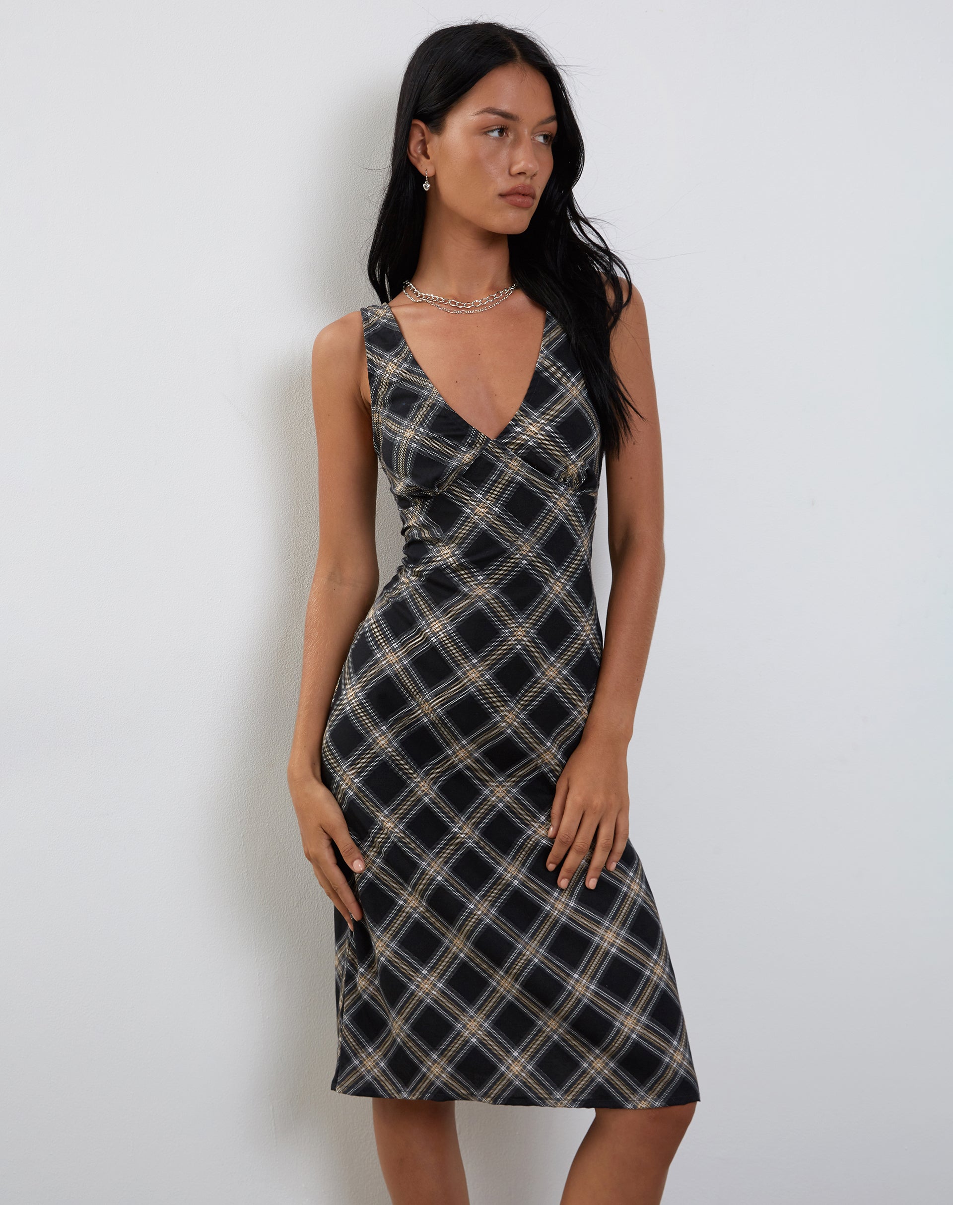 Image of Lieva Midi Dress in 20's Check Black Grey